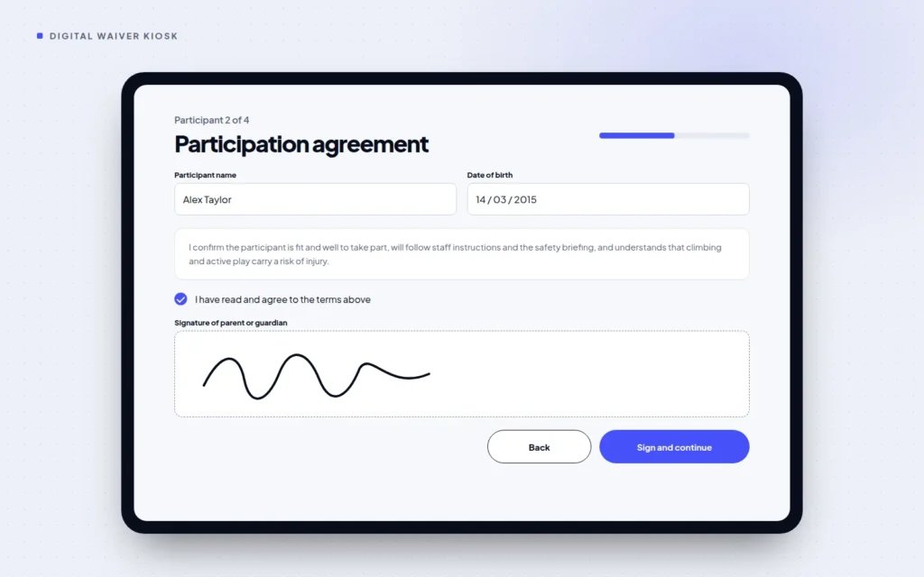 Digital participation waiver on a tablet with a signature box