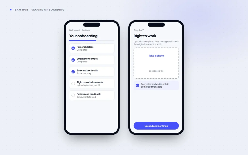 Team Hub mobile onboarding checklist and right-to-work document upload